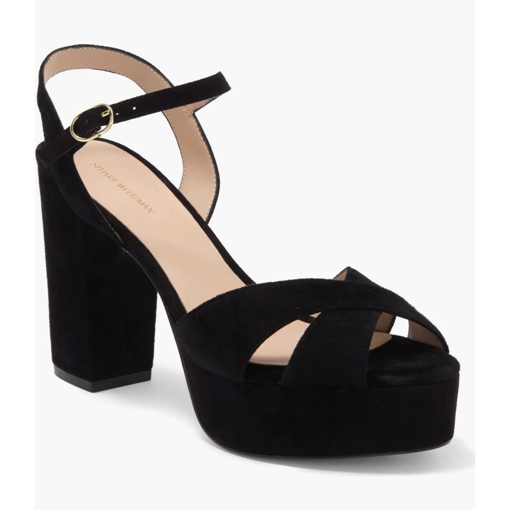 Stuart Weitzman Ivona Black Suede Platform Block Heel Sandals